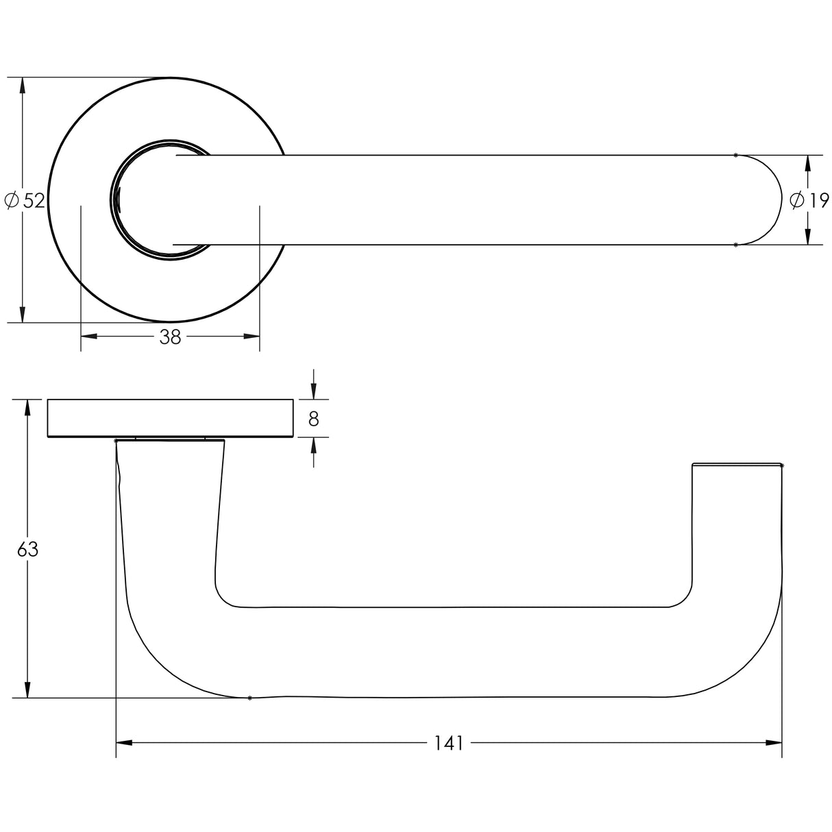 Technical drawing of of Frelan - 19mm Round Bar Handle on Rose Satin Anodised Aluminium Sku. SAA01