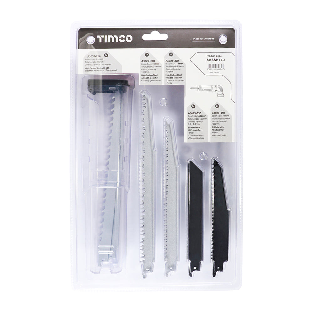 This is an image of Timco - Reciprocating Saw Blade Mixed Set - Wood & Metal Cutting - High Carbon Steel & Bi-Metal Mixed (10 Pieces Blister Pack) SABSET10