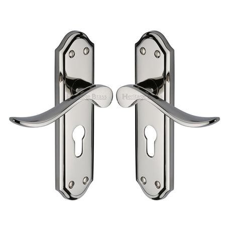 High quality image of the Heritage Brass Door Handle for Euro Profile Plate Sandown Design Polished Nickel Finish
 | Sku. san1448-pnf | Discounted prices available from Trade Door Handles