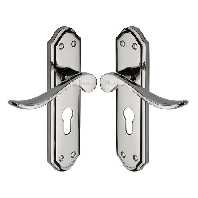 High quality image of the Heritage Brass Door Handle for Euro Profile Plate Sandown Design Polished Nickel Finish
 | Sku. san1448-pnf | Discounted prices available from Trade Door Handles