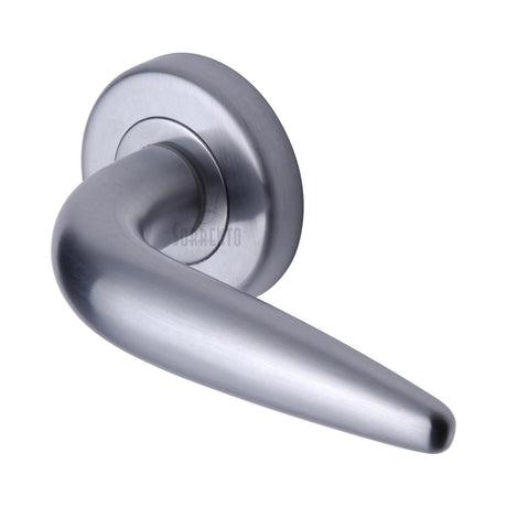 High quality image of the Sorrento Door Handle Lever Latch on Round Rose Goccia Design Satin Chrome Finish | Sku. sc-1012-sc | Discounted prices available from Trade Door Handles
