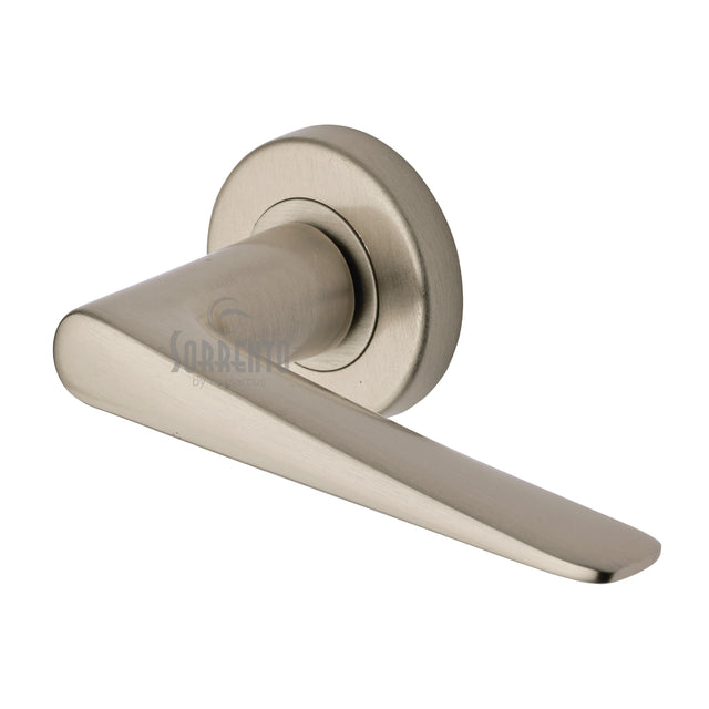 High quality image of the Sorrento Door Handle Lever Latch on Round Rose Amalfi Design Satin Nickel on Zinc finish | Sku. SC-2059-SNZ | available to order from Trade Door Handles.
