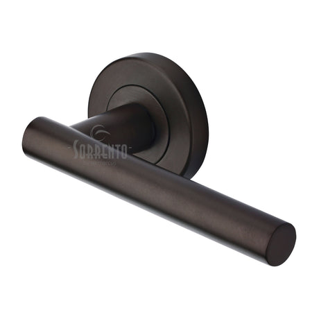High quality image of the Sorrento Door Handle Lever Latch on Round Rose Shuttle Design Matt Bronze on Zinc finish | Sku. SC-3052-MBZ | available to order from Trade Door Handles.