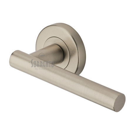 High quality image of the Sorrento Door Handle Lever Latch on Round Rose Shuttle Design Satin Nickel on Zinc finish | Sku. SC-3052-SNZ | available to order from Trade Door Handles.