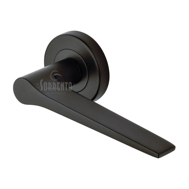 High quality image of the Sorrento Door Handle Lever Latch on Round Rose Neo Design Matt Black finish | Sku. SC-3059-BLK | available to order from Trade Door Handles.
