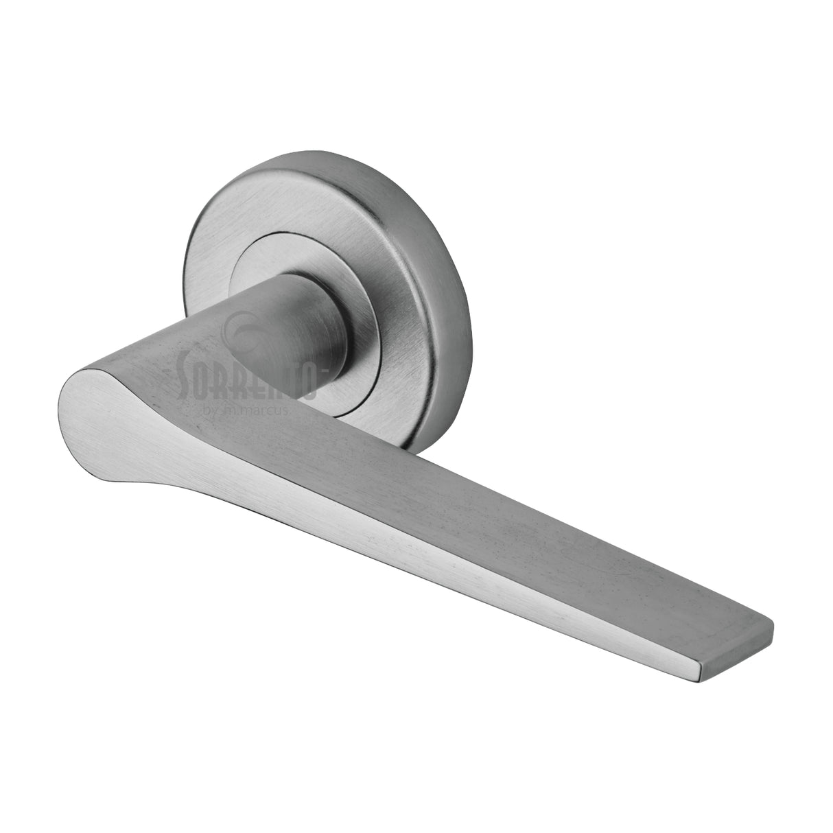 High quality image of the Sorrento Door Handle Lever Latch on Round Rose Neo Design Satin Chrome finish | Sku. SC-3059-SC | available to order from Trade Door Handles.