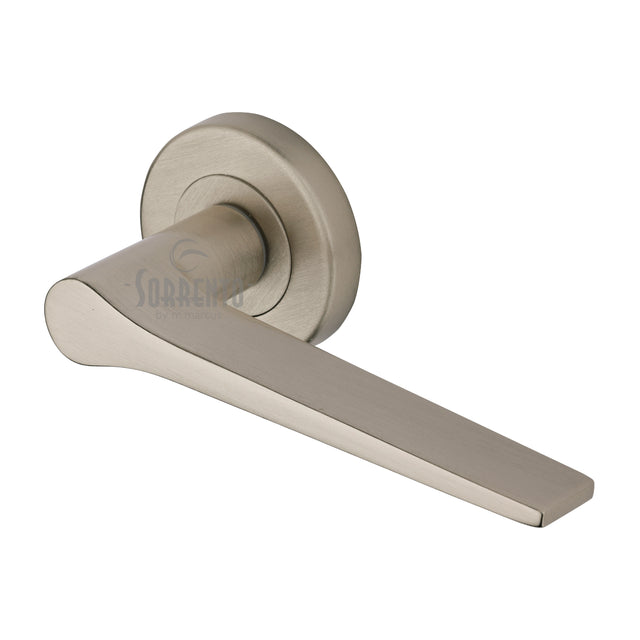 High quality image of the Sorrento Door Handle Lever Latch on Round Rose Neo Design Satin Nickel on Zinc finish | Sku. SC-3059-SNZ | available to order from Trade Door Handles.
