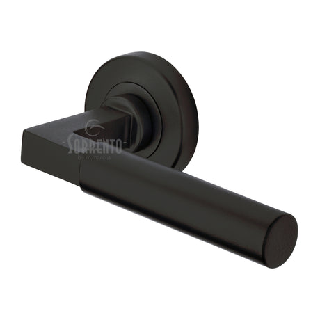 High quality image of the Sorrento Door Handle Lever Latch on Round Rose Gropius Bau Design Matt Black finish | Sku. SC-4059-BLK | available to order from Trade Door Handles.