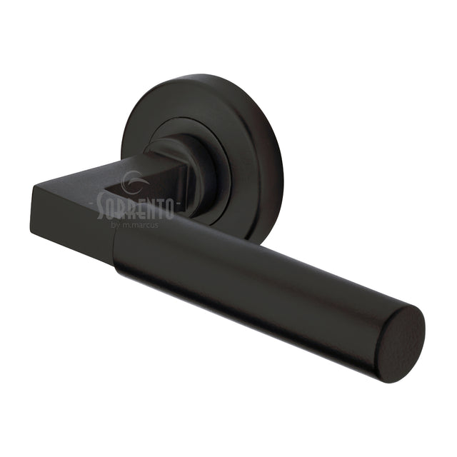 High quality image of the Sorrento Door Handle Lever Latch on Round Rose Gropius Bau Design Matt Black finish | Sku. SC-4059-BLK | available to order from Trade Door Handles.