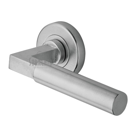 High quality image of the Sorrento Door Handle Lever Latch on Round Rose Gropius Bau Design Satin Chrome finish | Sku. SC-4059-SC | available to order from Trade Door Handles.