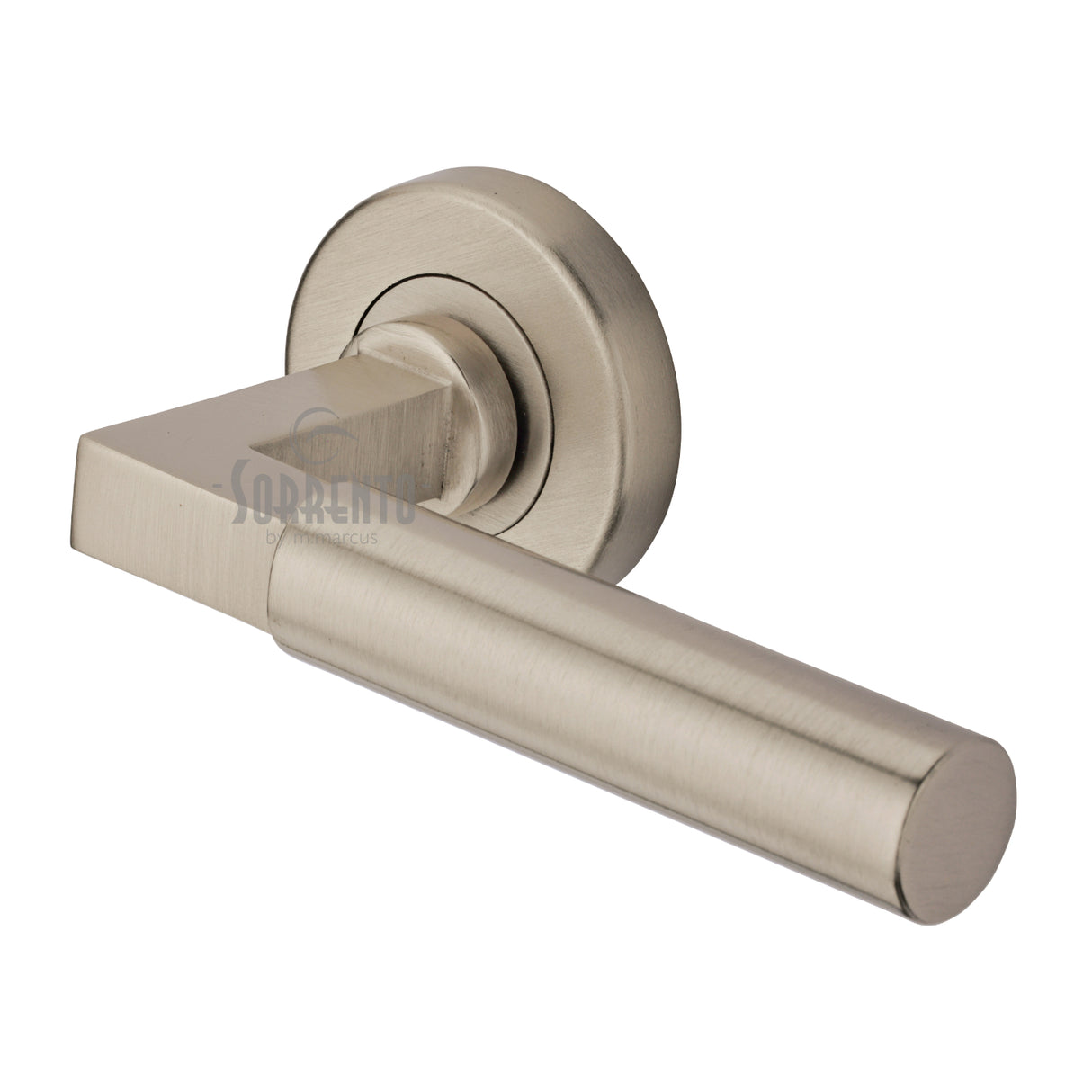 High quality image of the Sorrento Door Handle Lever Latch on Round Rose Gropius Bau Design Satin Nickel on Zinc finish | Sku. SC-4059-SNZ | available to order from Trade Door Handles.