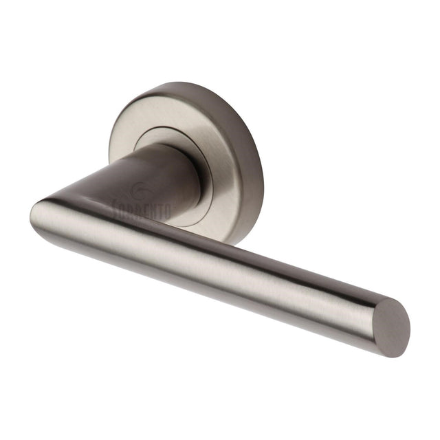 High quality image of the Sorrento Door Handle Lever Latch on Round Rose Mercury Design Satin Nickel on Zinc finish | Sku. SC-4692-SNZ | available to order from Trade Door Handles.