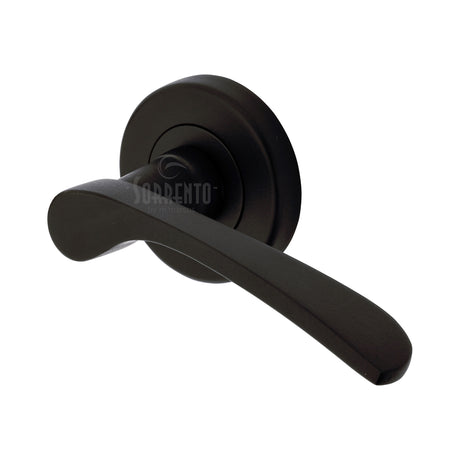 High quality image of the Sorrento Door Handle Lever Latch on Round Rose Arcadia Design Matt Black finish | Sku. SC-5380-BLK | available to order from Trade Door Handles.