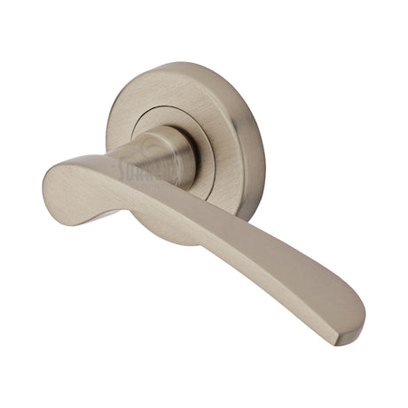 High quality image of the Sorrento Door Handle Lever Latch on Round Rose Arcadia Design Satin Nickel on Zinc finish | Sku. SC-5380-SNZ | available to order from Trade Door Handles.
