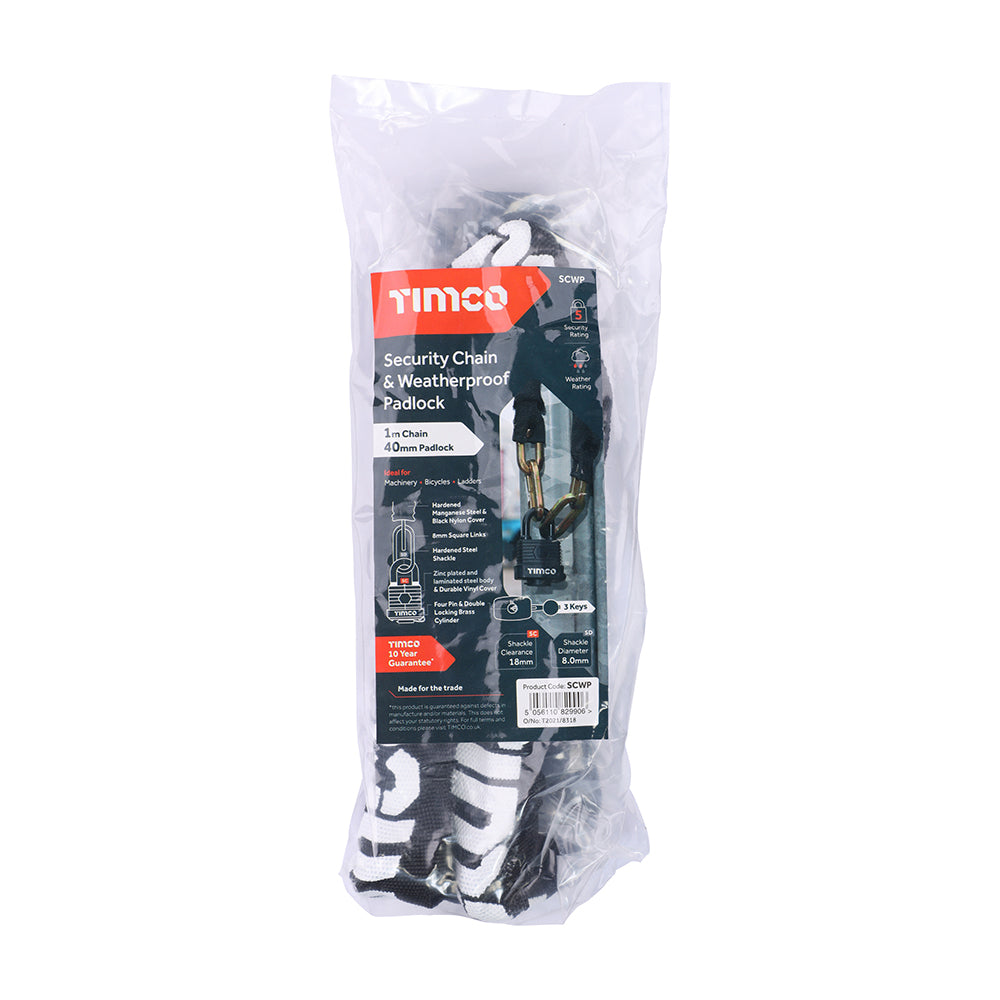 This is an image of Timco - Security Chain & Weatherproof Padlock 8mm x 1m (2 Pieces Bag) SCWP