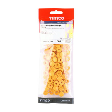 This is an image of Timco - Hinged Screw Caps - Small - Yellow To fit 3.0 to 4.5 Screw - (100 PCS TIMpac) SHCCYELLOWP