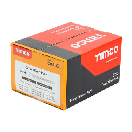 This is an image of Timco - Solo Chipboard & Woodscrews - Mixed Pack - PZ - Double Countersunk - Yellow - (1400 PCS Box) SOLOMP