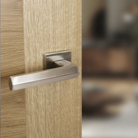 Quality image of Senza Pari Davoli Lever Door Handle on Flush Square Rose - Satin Nickel | Sku. sp216sn | available from Trade Door Handles.