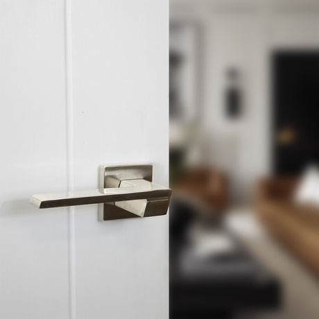 Quality image of Senza Pari Giovanni Lever Door Handle on Flush Square Rose - Satin Nickel | Sku. sp203sn | available from Trade Door Handles.