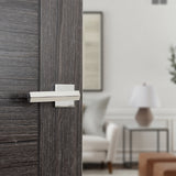 Quality image of Senza Pari Davoli Lever Door Handle on Flush Square Rose - Polished Chrome | Sku. sp216pc | available from Trade Door Handles.