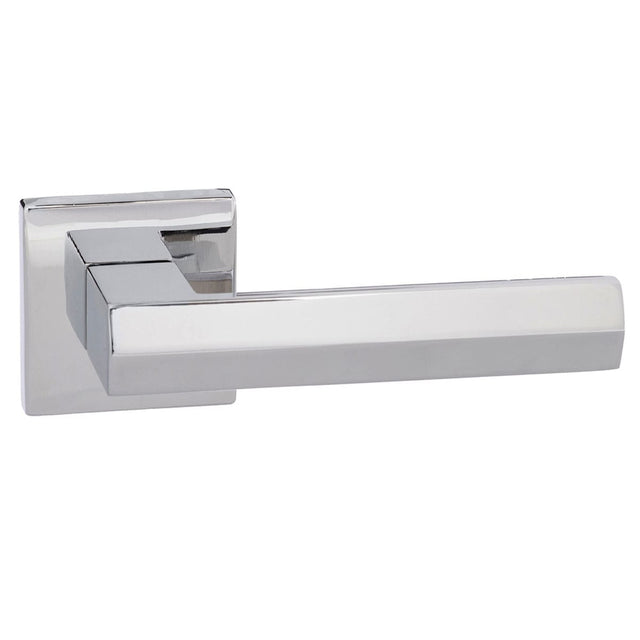 Quality image of Senza Pari Davoli Lever Door Handle on Flush Square Rose - Polished Chrome | Sku. sp216pc | available from Trade Door Handles.