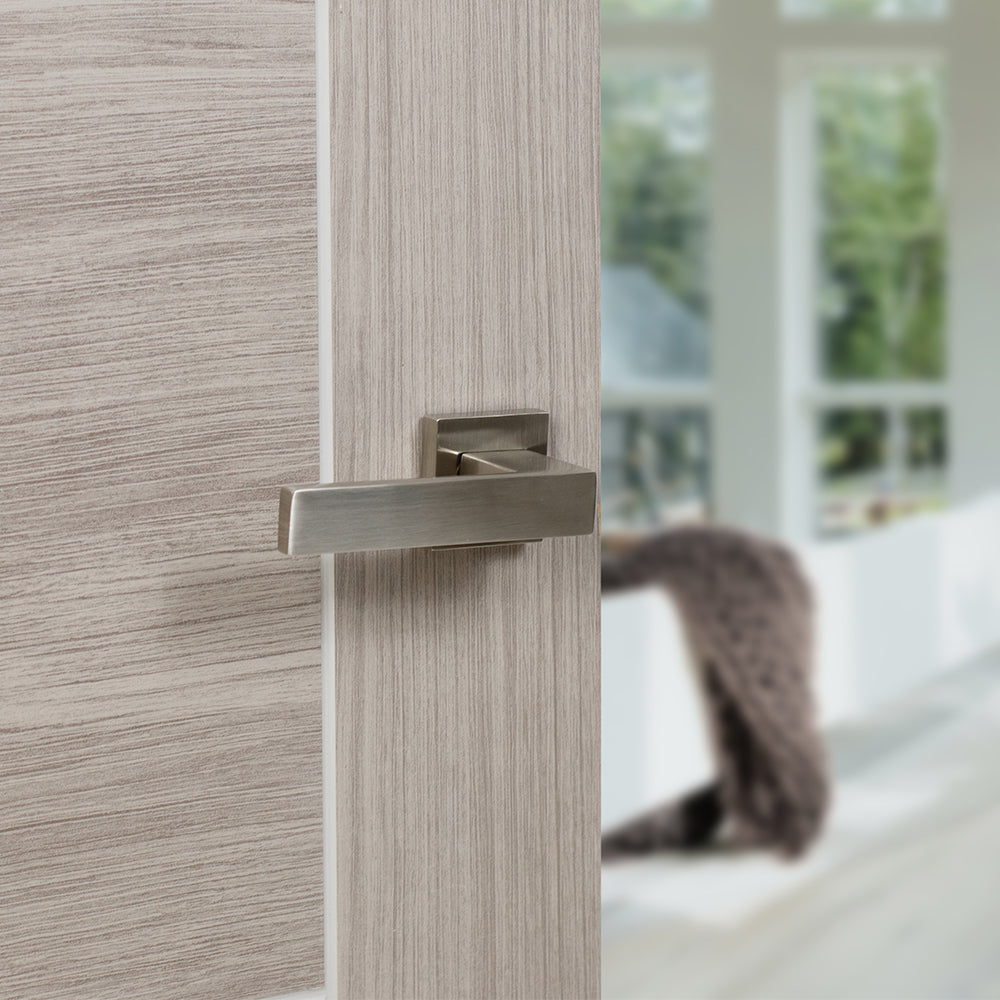 Quality image of Senza Pari Panetti Lever Door Handle on Flush Square Rose - Satin Nickel | Sku. sp217sn | available from Trade Door Handles.
