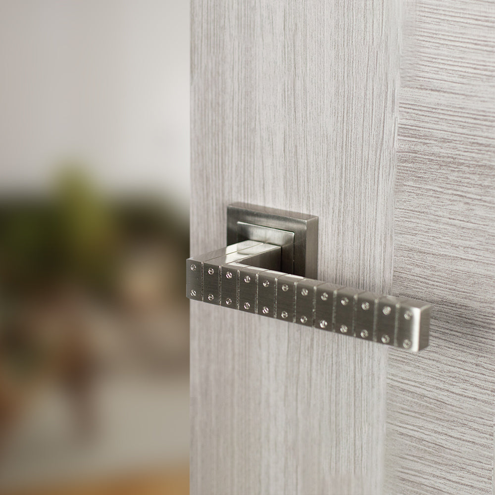 Quality image of Senza Pari Bianca Lever Door Handle on Square Rose - Satin Nickel | Sku. spc193sn | available from Trade Door Handles.