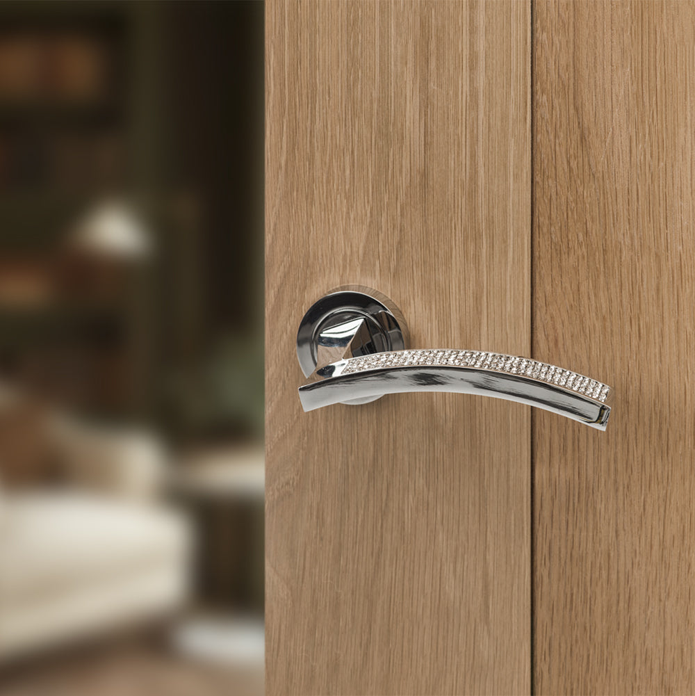 Quality image of Senza Pari Crystal Lever Door Handle on Round Rose - Polished Chrome | Sku. spm167crcp | available from Trade Door Handles.