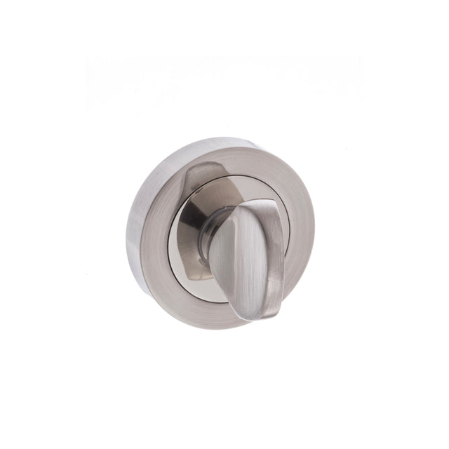 Quality image of Senza Pari WC Turn and Release on Round Rose - Satin Nickel/Polished Nickel | Sku. spmwcsnnp | available from Trade Door Handles.