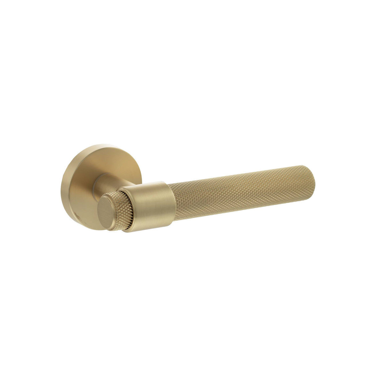 Quality image of Senza Pari Andretta Knurled Lever Door Handle on Minimal Round Rose - Satin Brass | Sku. spr160sb | available from Trade Door Handles.