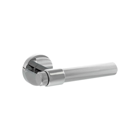 Quality image of Senza Pari Fasana Linear Knurled Lever Door Handle on Minimal Round Rose - Polished Chrome | Sku. spr165pc | available from Trade Door Handles.