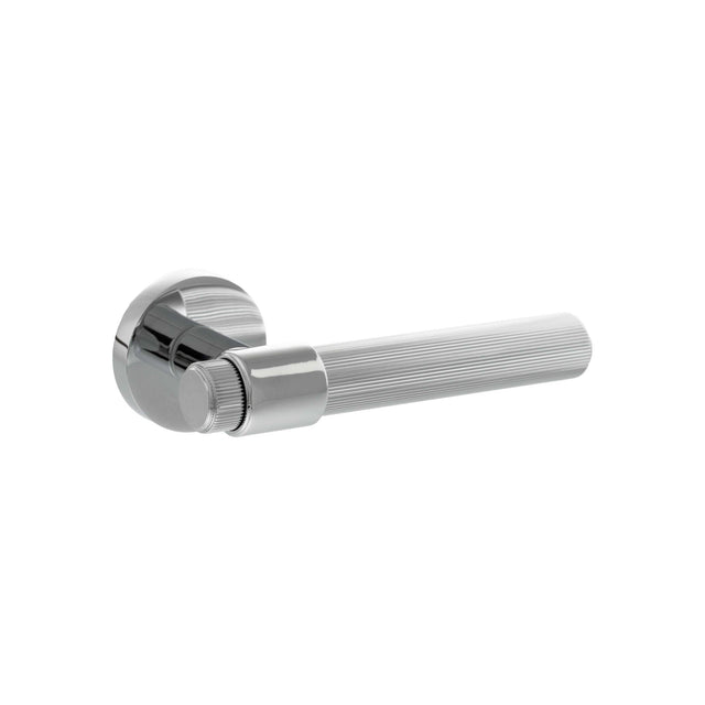 Quality image of Senza Pari Fasana Linear Knurled Lever Door Handle on Minimal Round Rose - Polished Chrome | Sku. spr165pc | available from Trade Door Handles.