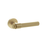 Quality image of Senza Pari Fasana Linear Knurled Lever Door Handle on Minimal Round Rose - Satin Brass | Sku. spr165sb | available from Trade Door Handles.