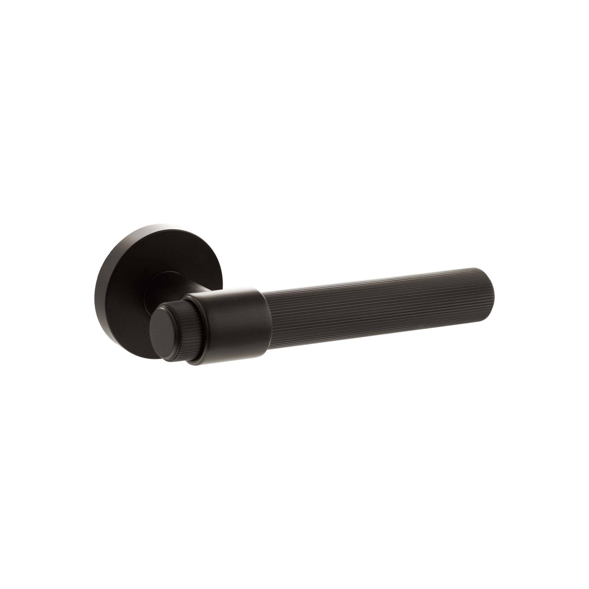 Quality image of Senza Pari Fasana Linear Knurled Lever Door Handle on Minimal Round Rose - Urban Dark Bronze | Sku. spr165udb | available from Trade Door Handles.