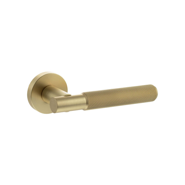 Quality image of Senza Pari Rosarno Knurled Lever Door Handle on Minimal Round Rose - Satin Brass | Sku. spr170sb | available from Trade Door Handles.