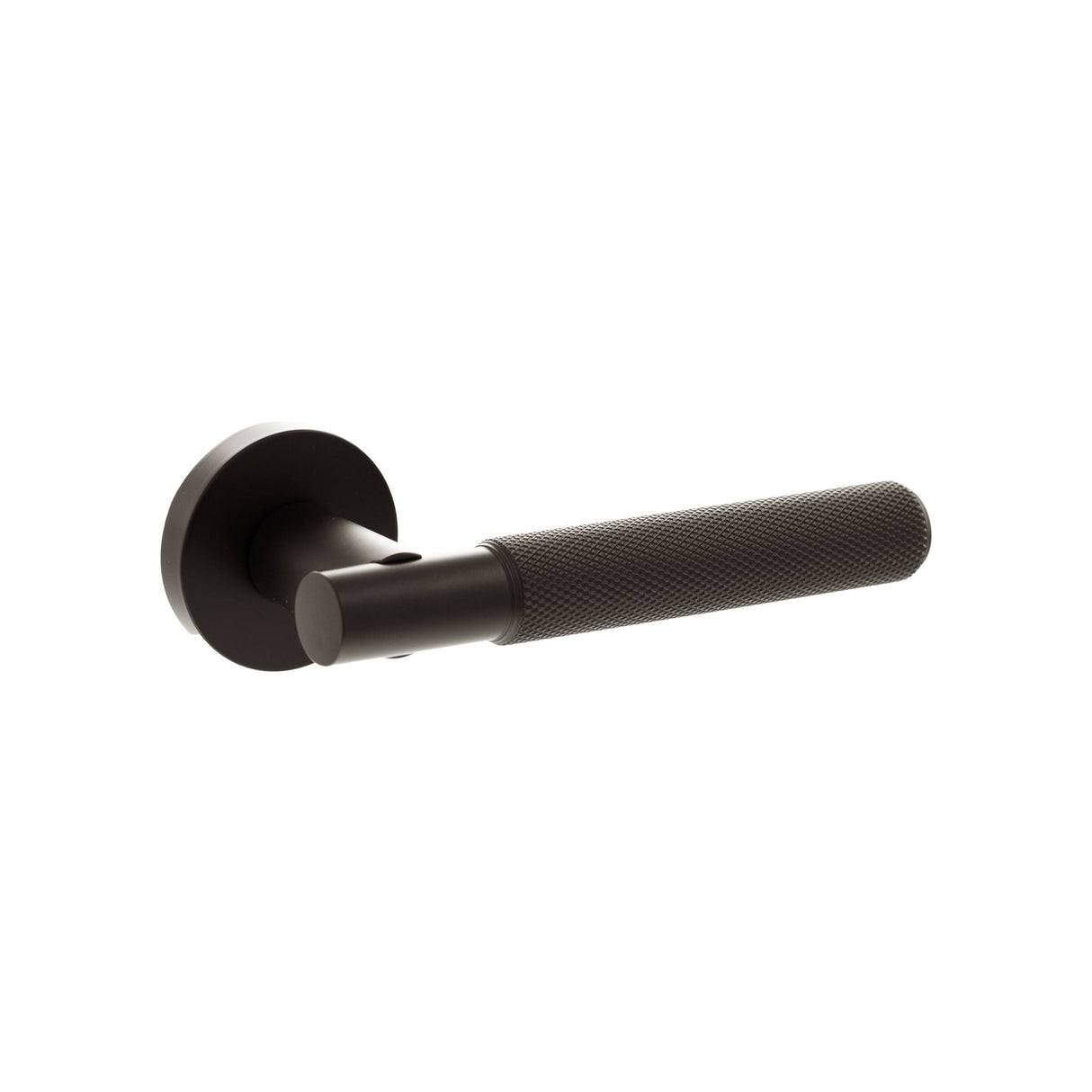 Quality image of Senza Pari Rosarno Knurled Lever Door Handle on Minimal Round Rose - Urban Dark Bronze | Sku. spr170udb | available from Trade Door Handles.