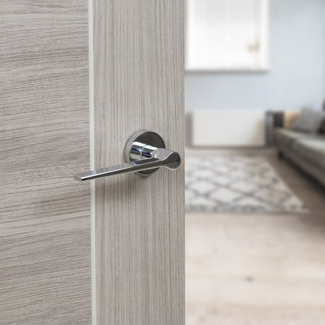 Quality image of Senza Pari Laviano Lever Door Handle on Minimal Round Rose - Polished Chrome | Sku. spr180pc | available from Trade Door Handles.