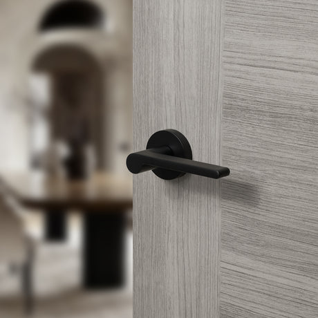 Quality image of Senza Pari Darrio Lever Door Handle on Round Rose - Matt Black | Sku. spro218mb | available from Trade Door Handles.