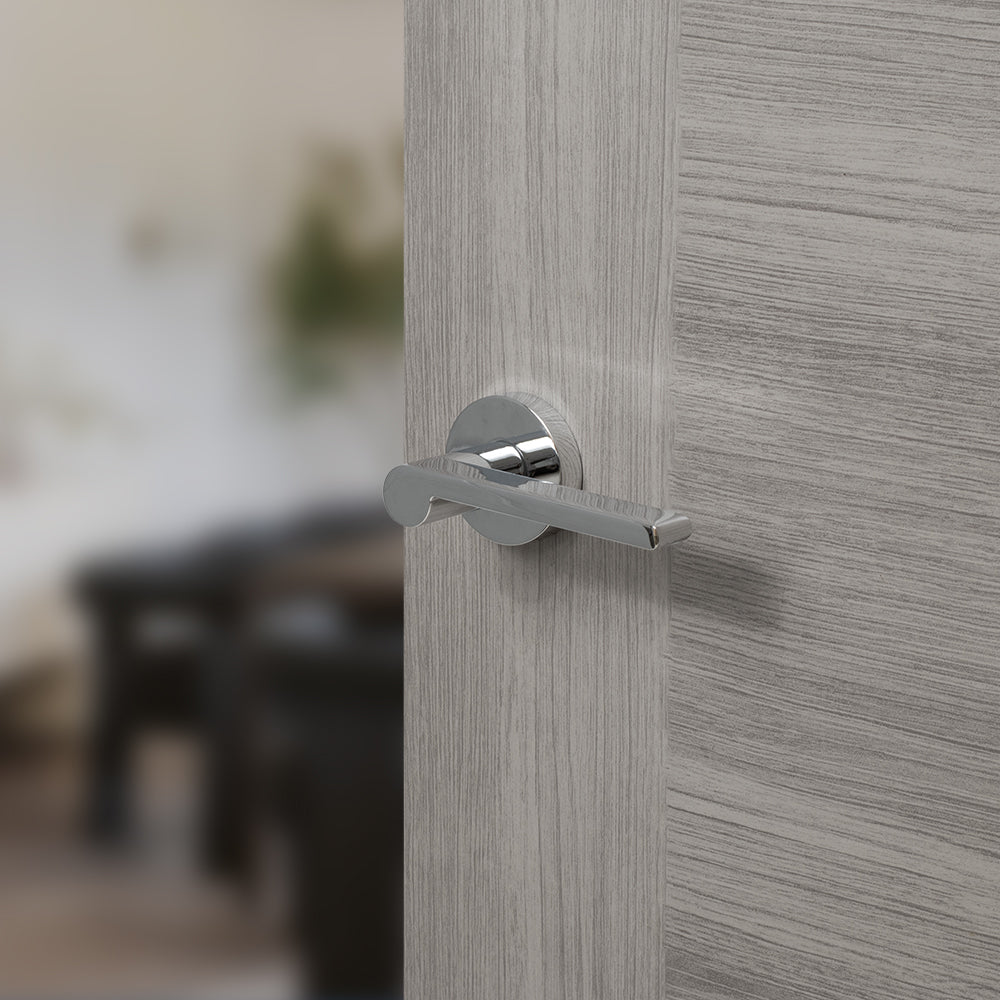 Quality image of Senza Pari Darrio Lever Door Handle on Round Rose - Polished Chrome | Sku. spro218pc | available from Trade Door Handles.