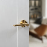 Quality image of Senza Pari Darrio Lever Door Handle on Round Rose - Satin Brass | Sku. spro218sb | available from Trade Door Handles.