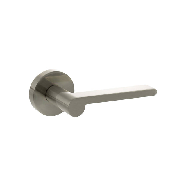Quality image of Senza Pari Darrio Lever Door Handle on Round Rose - Satin Nickel | Sku. spro218sn | available from Trade Door Handles.