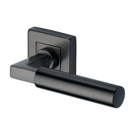 High quality image of the Heritage Brass Door Handle Lever on Rose Bauhaus Sq Design Matt Black Finish | Sku. sq1926-bkmt | Discounted prices available from Trade Door Handles