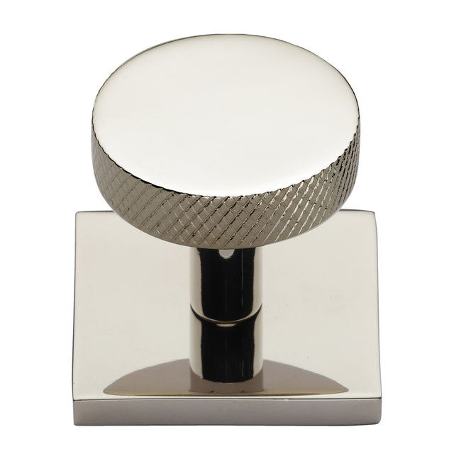 High quality image of Heritage Brass - Cabinet Knob Disc Knurled Design with Square Backplate 32mm Pol | Sku. sq3884-pnf | Trade Door Handles, Kendal.