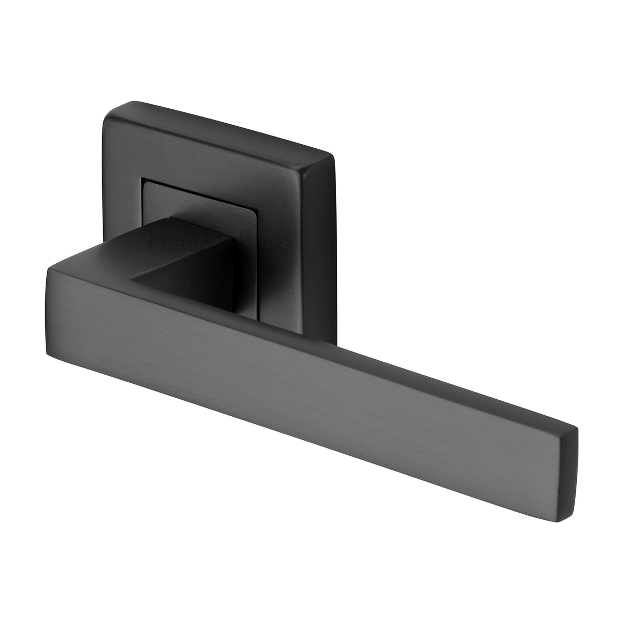 High quality image of the Heritage Brass Door Handle Lever Latch on Square Rose Delta Sq Design Matt Black Finish | Sku. sq5420-bkmt | Discounted prices available from Trade Door Handles