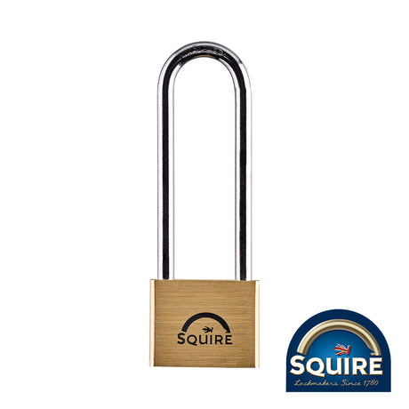 This is an image of Squire - Premium Brass Lion Padlock - 4" Long Shackle - LN4/4 40mm (1 Each Blister Pack) SQR701023