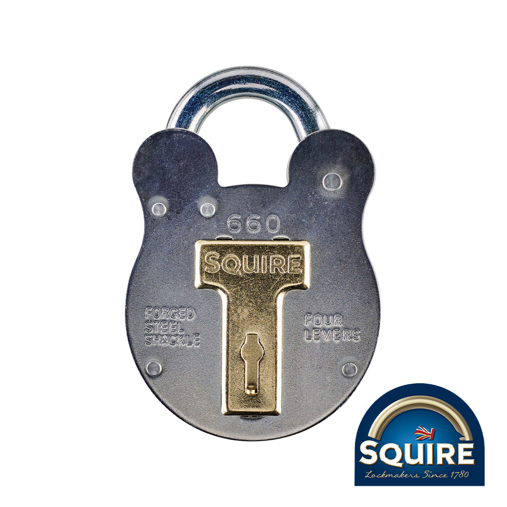 This is an image of Squire - Old English 4 Lever Padlock - 660 60mm (1 Each Blister Pack) SQR701170