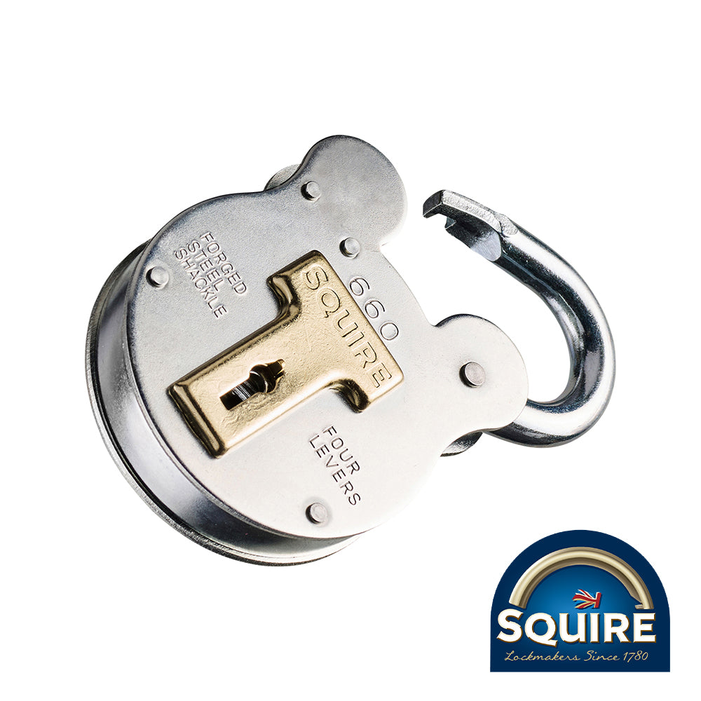 This is an image of Squire - Old English 4 Lever Padlock - 660 60mm (1 Each Blister Pack) SQR701170