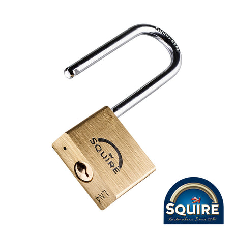 This is an image of Squire - Premium Brass Lion Padlock - 2.5" Long Shackle - LN4/2.5 40mm (1 Each Blister Pack) SQR701722