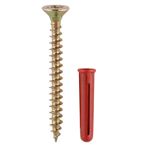 This is an image of Timco - Red Plastic Plugs with Screws 30mm Red Plug, 4.0x40 Screw - (25 PCS TIMpac) SRPLUGP