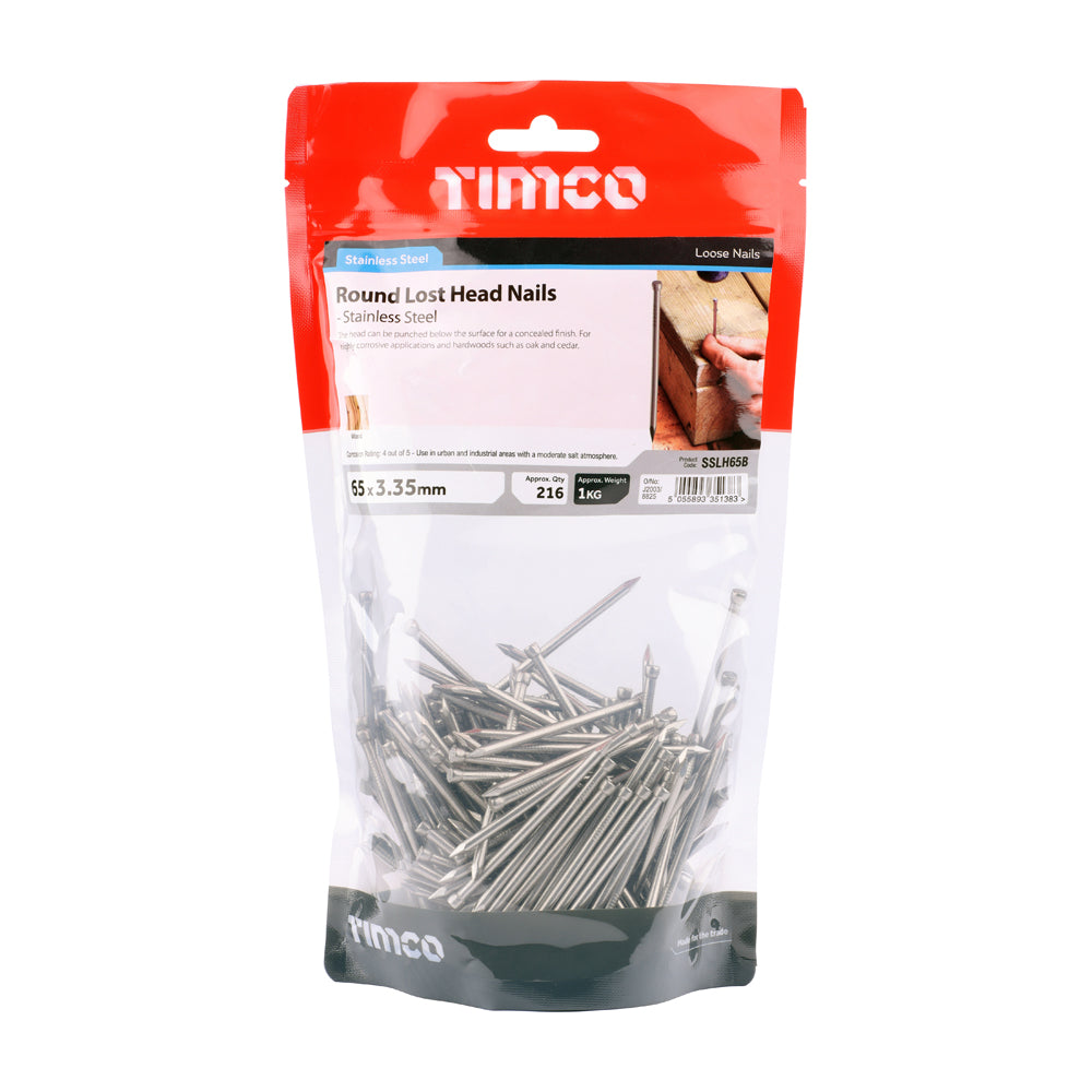 This is an image of Timco - Round Lost Head Nails - Stainless Steel 65 x 3.35mm (1 Kg TIMbag) SSLH65B